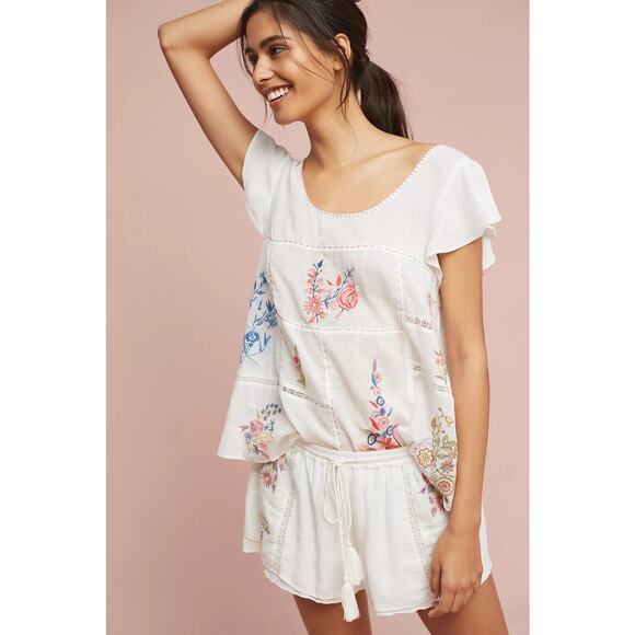 Anthropologie Rosalina Embroidered Sleep Top Bottom Set White XS M Floral Soft - Picture 3 of 9